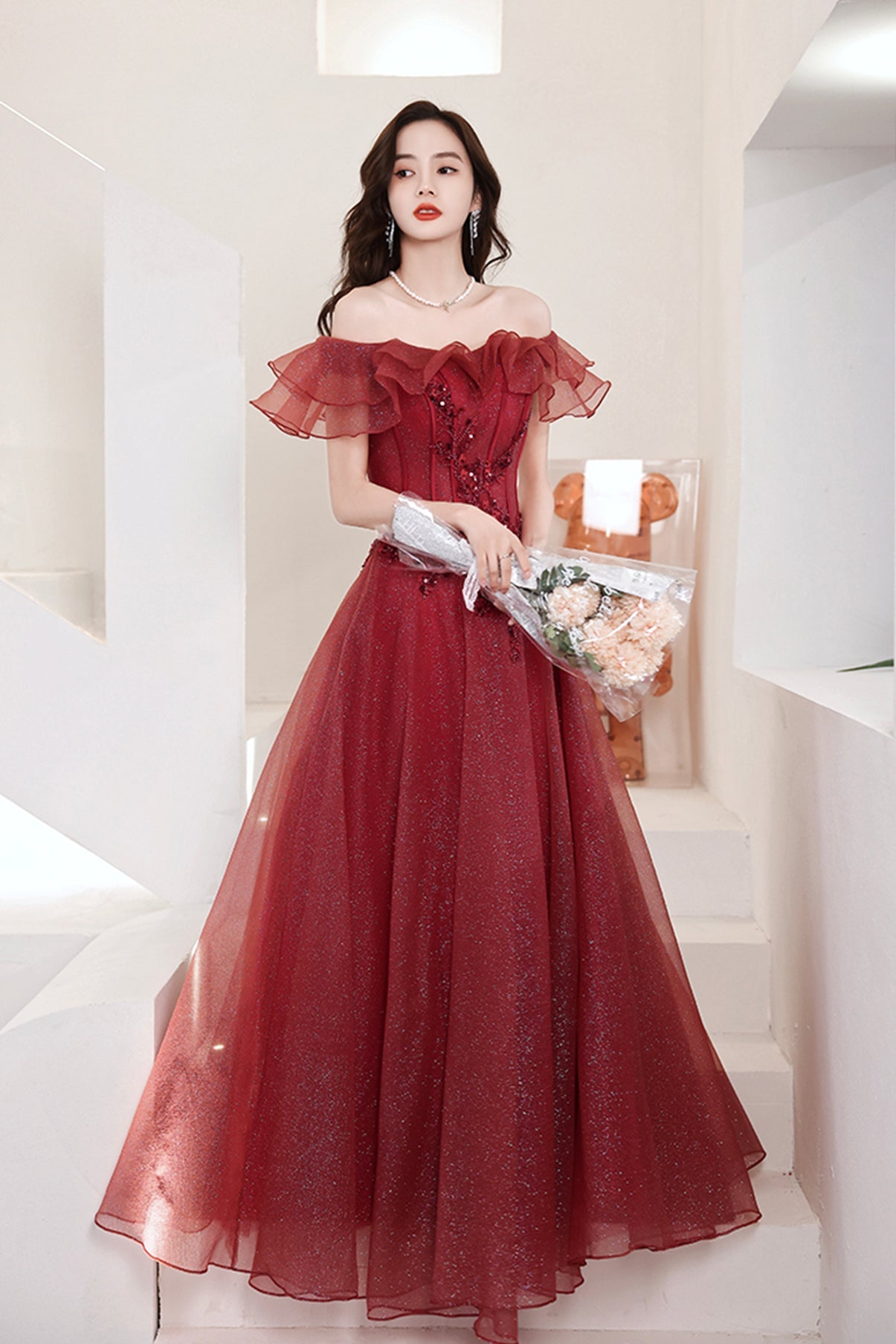 Burgundy Tulle Long A line Prom Dress Evening Dress