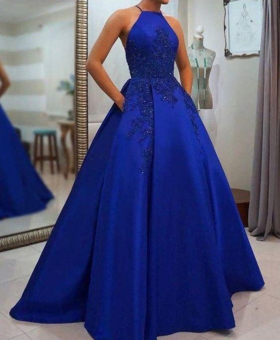 Royal Blue Prom Dress Halter Neckline, Pageant Dress, Evening Dress, Dance Dresses