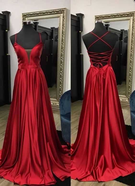 Simple Red Elastic Satin Prom Dresses, Lace Up Prom Dresses, Popular Prom Dresses