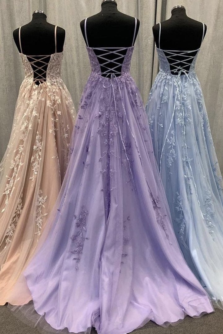 Elegant tulle lace long A line prom dress evening dress