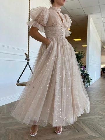 Prom Dresses Sparkly Half Puff Sleeves Wedding Party Dresses