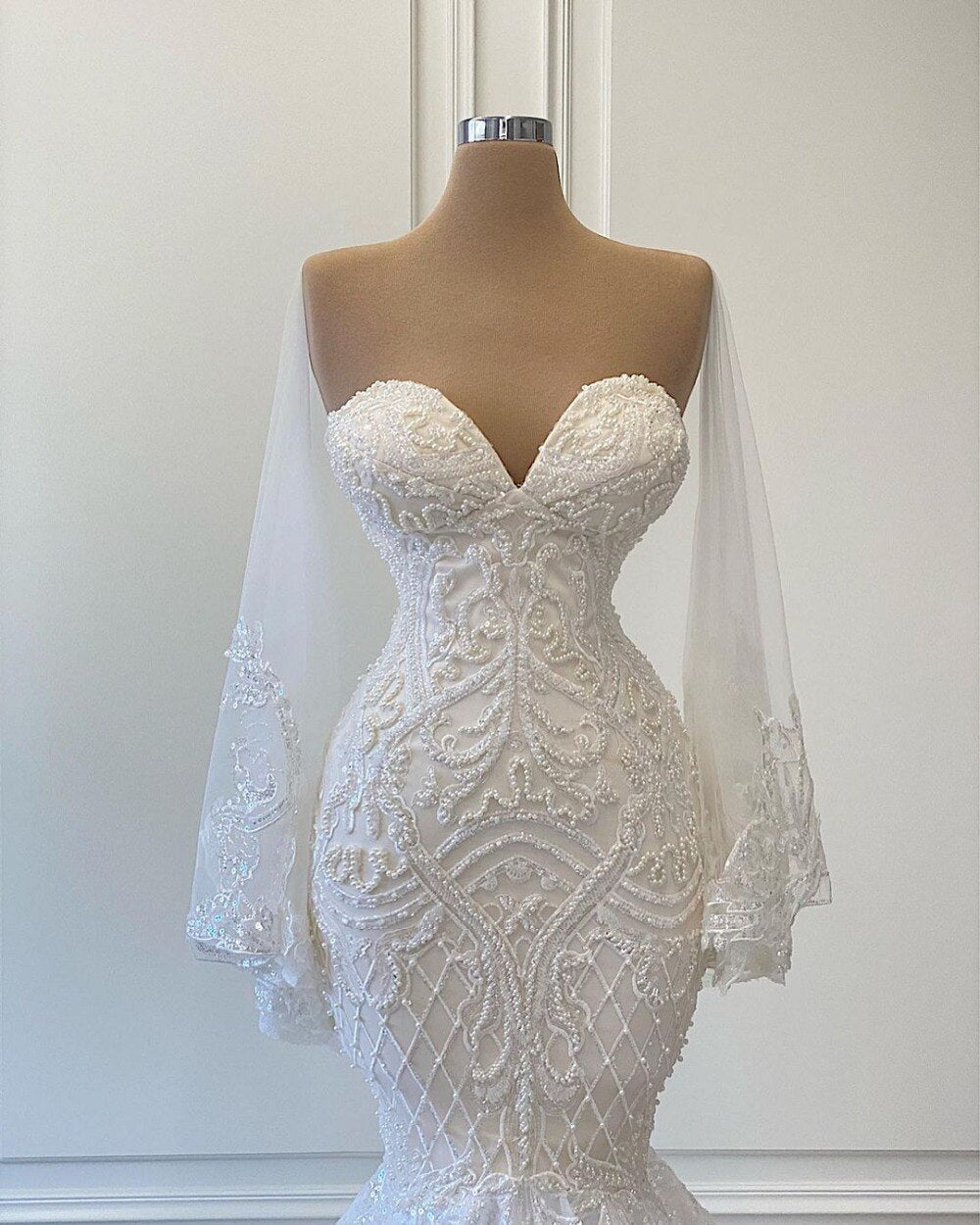 Sexy White Lace Mermaid Wedding Dresses Sweetheart ,Chic Prom Dress