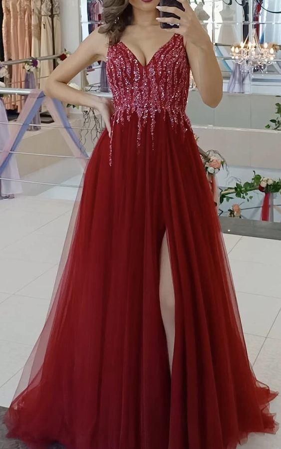 Elegant long red tulle prom split dresses v neck sequin beaded evening dress