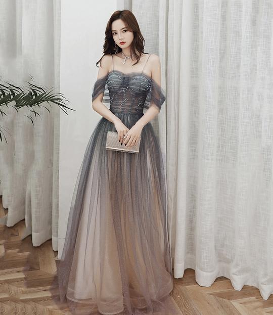 CUTE TULLE SEQUINS LONG PROM DRESS EVENING GOWN