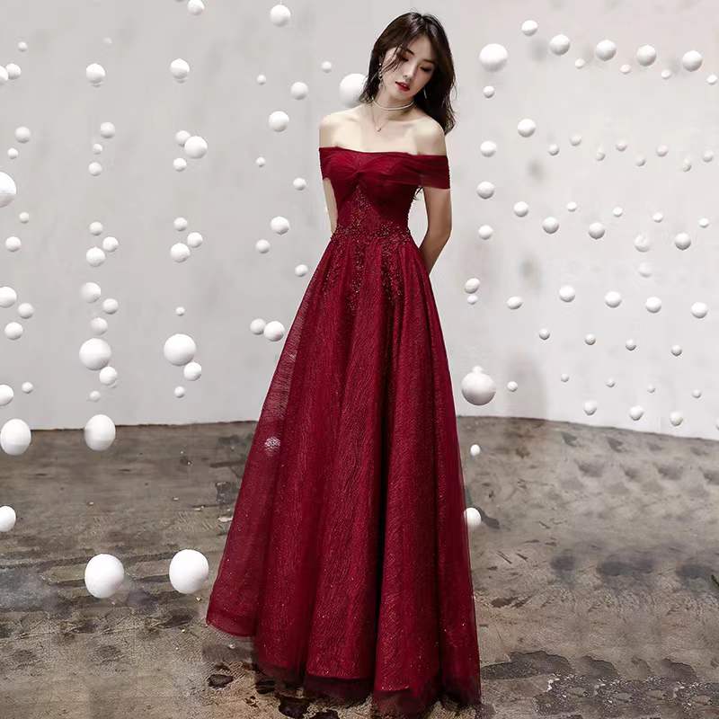 Burgundy tulle sequins long prom dress evening dress