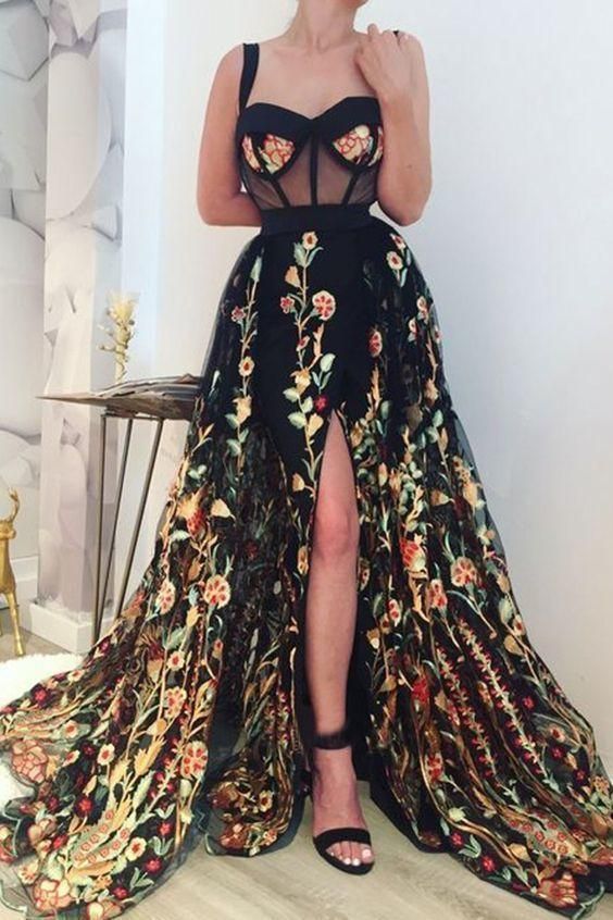 Simple Long Prom Dresses Lace Cheap Slit Party Gowns Evening Dress