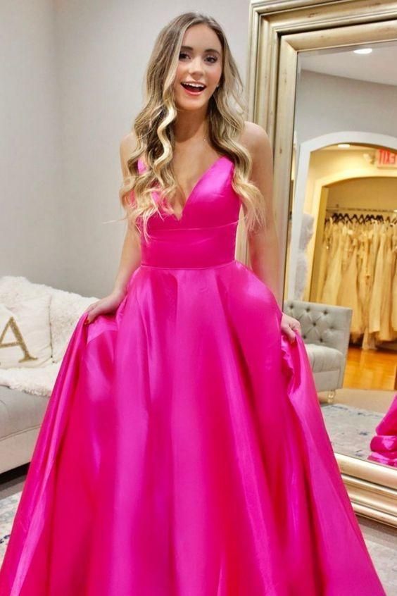 A-Line Hot Pink Prom Dress V Neck Evening Dress