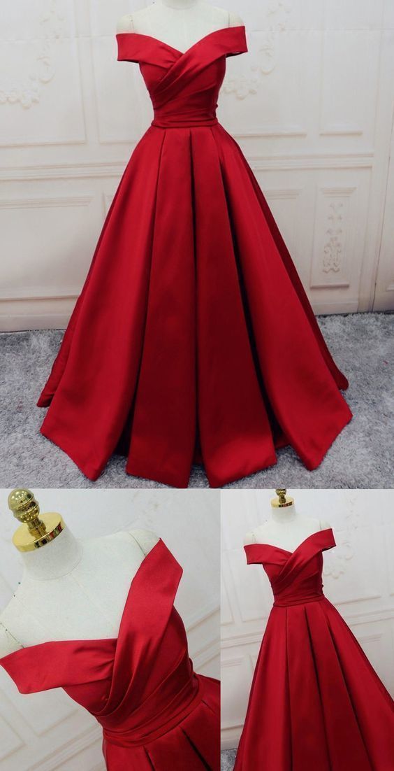 Evening Dresses, A-line/Princess Prom Dresses, Long Party Dresses, Off-the-shoulder red Long satin party dress