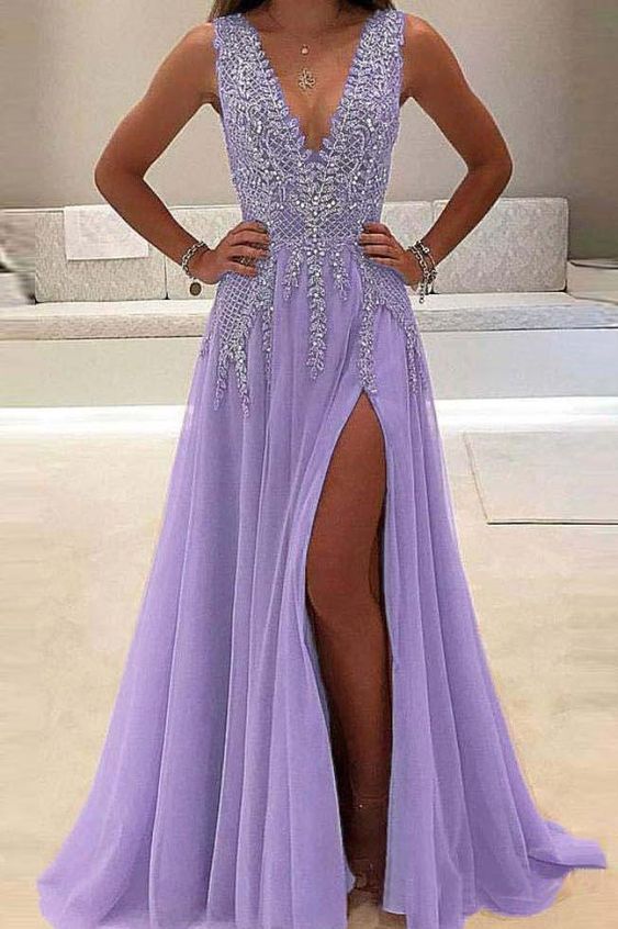 A line Tulle V Neck Purple Prom Dresses Long Backless Evening Dresses