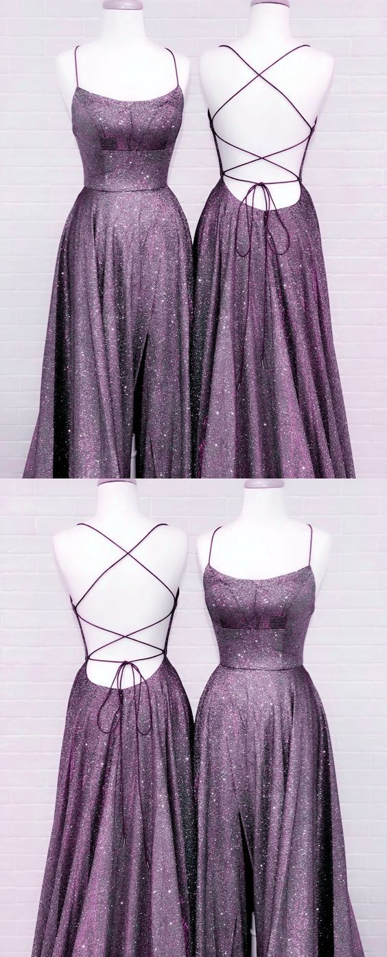Purple Glitter Prom Dresses Side Split Lace Up Back