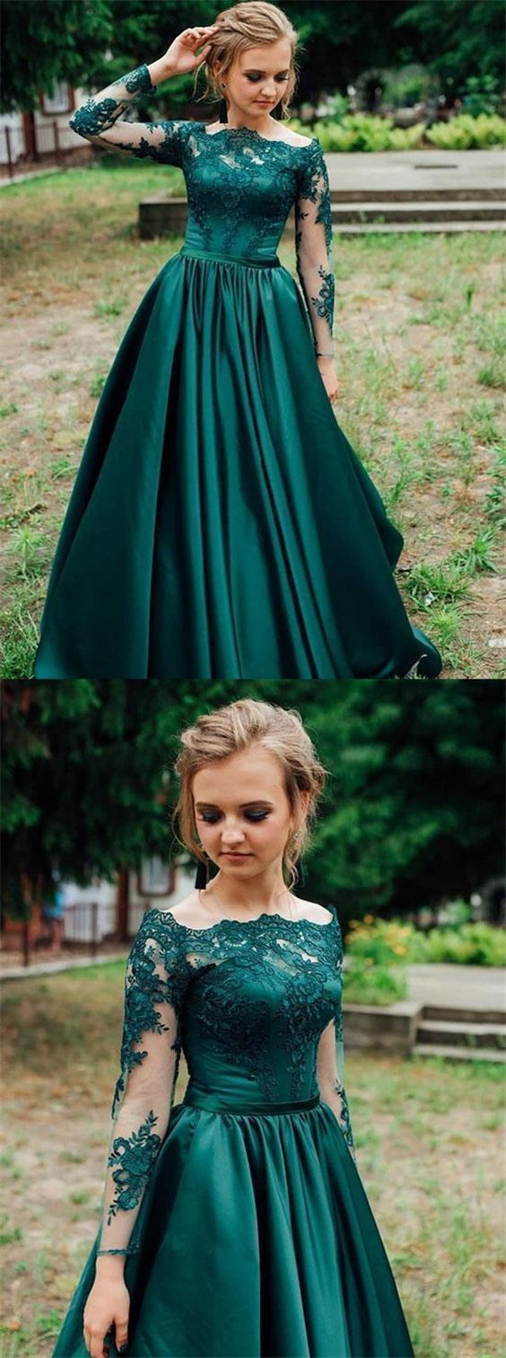 Gorgeous Prom Dress, Dark Green Prom Dress, Long Sleeves Prom Dress, Lace Prom Dress