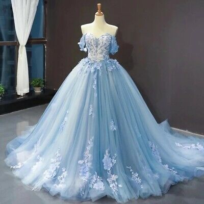 Sky Blue Prom Dresses Cheap 3D Flowers Applique Ball Gown Off Shoulder Corset Back Sweet 15 Quinceanera Dress