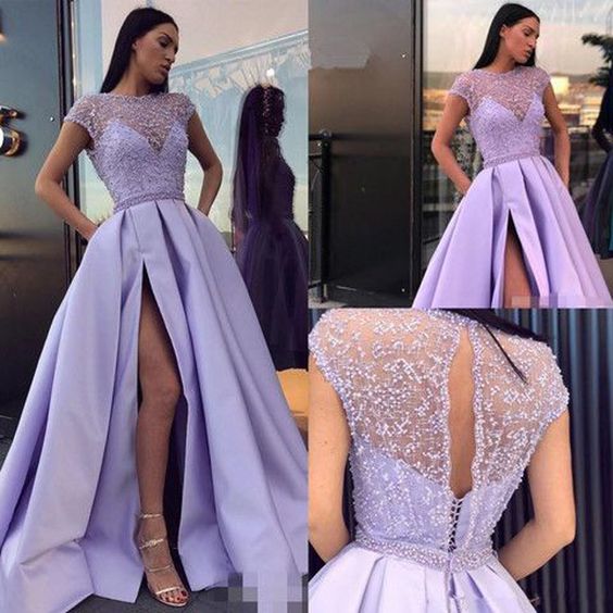 Charming Lilac Side Split Beaded See Through Cap Sleeve Prom Dresses,Long Prom Dress