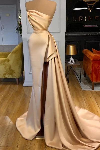 Long Champagne Prom Dress Side Split Evening Party Gowns
