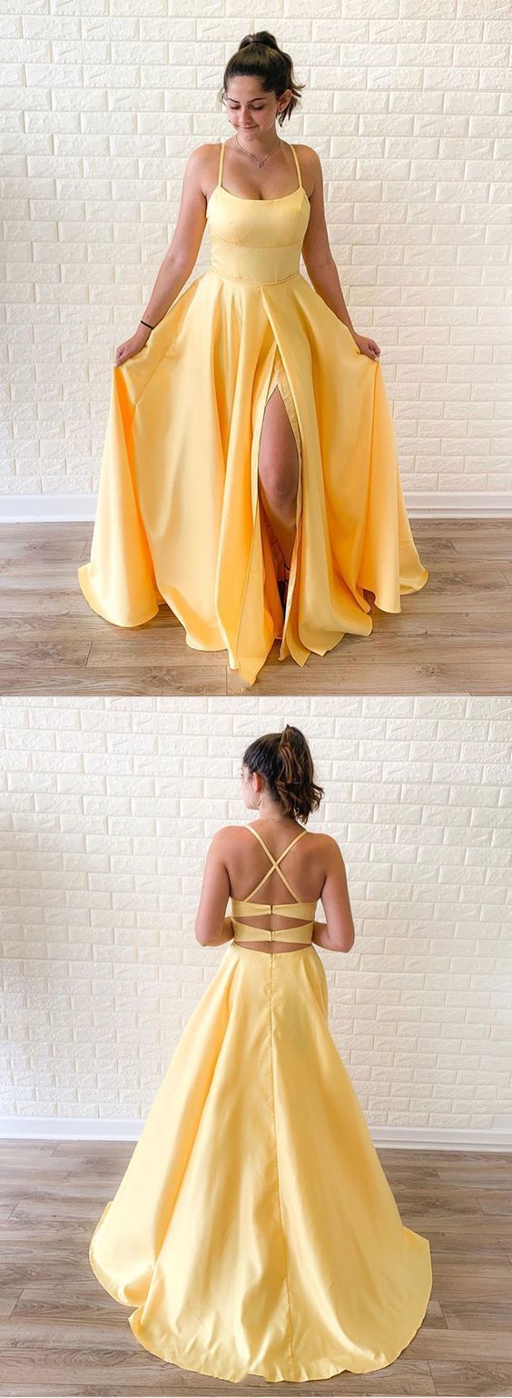 Simple Yellow Satin Long Prom Dress, Yellow Evening Dress