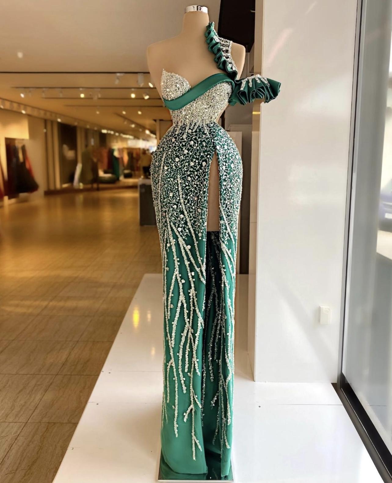 One Shoulder Green Mermaid Evening Dresses Crystal Beaded High Side Split Formal Prom Gowns Custom Made Plus Size Pageant Wear Party Dress