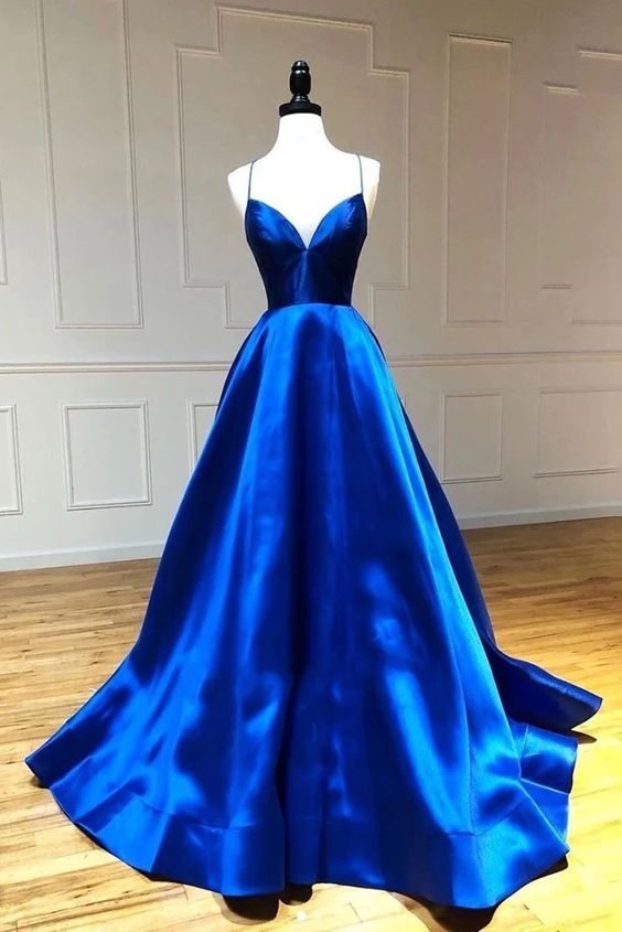 Simple A Line Satin Spaghetti Straps Royal Blue Long V Neck Prom Dress
