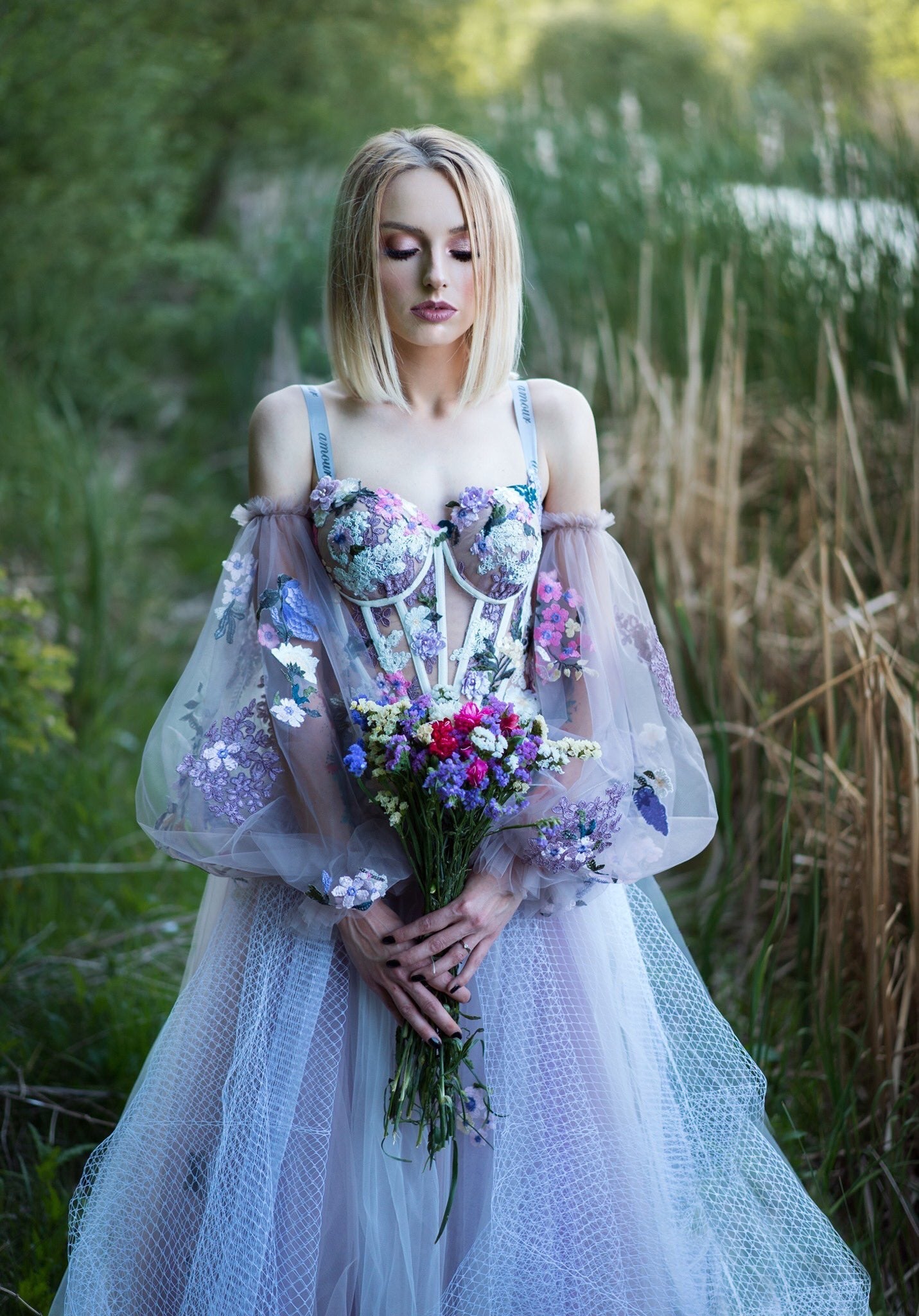 Elegant Dusty Lavender Floral Spaghetti Strap Sweetheart A-line Tulle Long Prom Dress