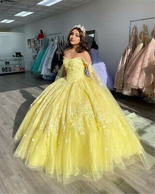 Yellow Ball Gown Quinceanera Dresses Prom Gowns 3D Flowers Beaded Sweet 15 Party Wear