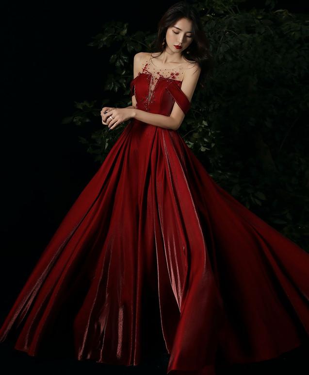 Burgundy round neck beads long prom dress burgundy evening dress