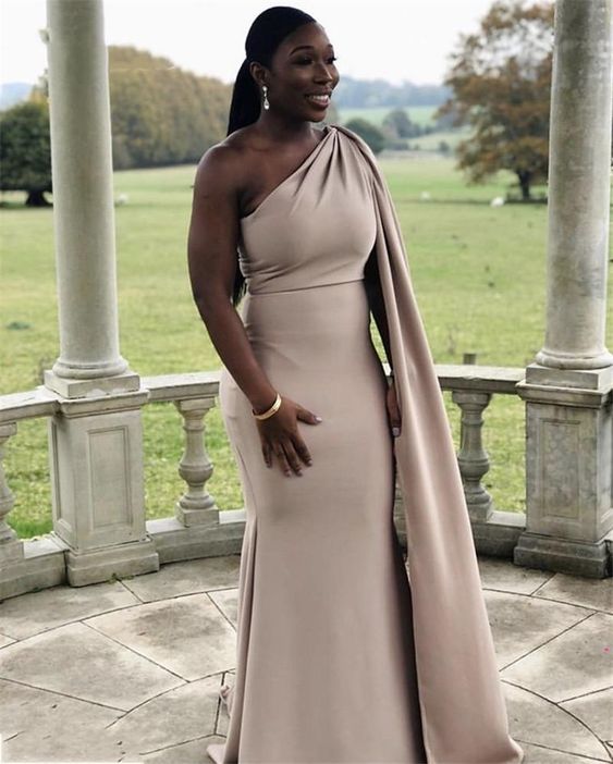 Simple Mermaid Evening Dresses With Cape African One Shoulder Floor Length Prom Dress Party Gown