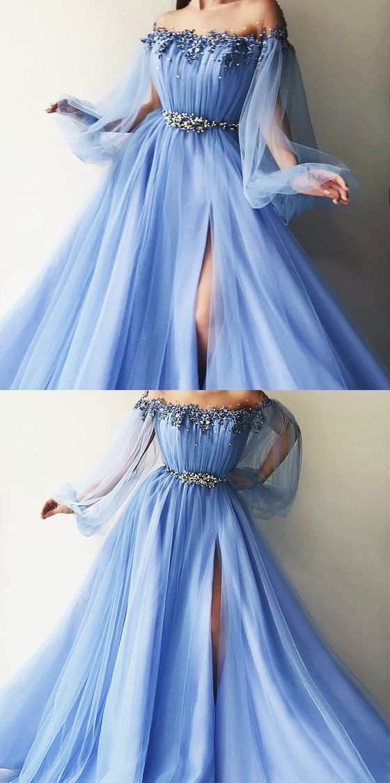 Elegant Blue Long Sleeves Off the Shoulder Beaded Crystal Side Slit Prom Dresses