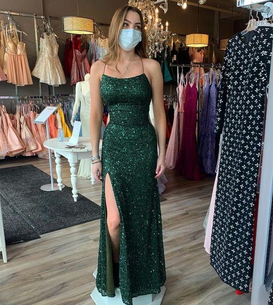 Sparkly Sheath Scoop Neck Dark Green Sequins Prom Dresses, Split Evening Dress