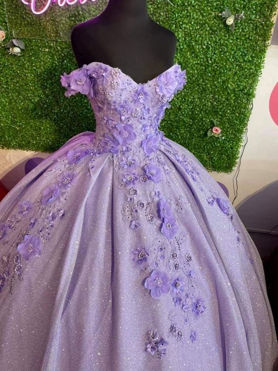 Lavender Ball Gown Off The Shoulder Prom Dress With 3D Flowers