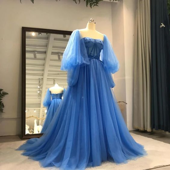 Blue Tulle Fashionable Sweetheart Long Party prom Dress