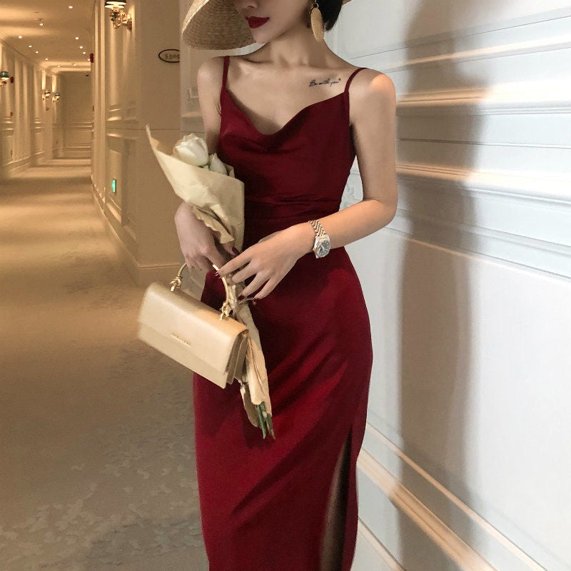 French Retro Sexy Swing Neck Sling Skirt Burgundy Prom Dress,Spaghetti Straps Classic Prom Dress