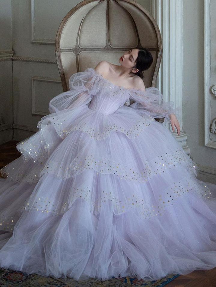 Light purple tulle long prom dress, purple tulle evening dress