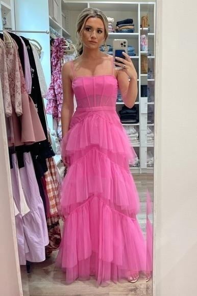 Princess Hot Pink A Line Tulle Long Prom Dress Layered Ruffles Evening Gown