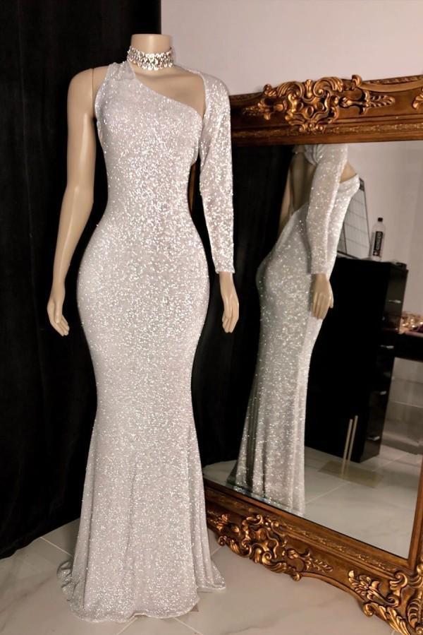 One Shoulder Long Sleevess Silver Party Dress Sequins Mermaid Prom Dress