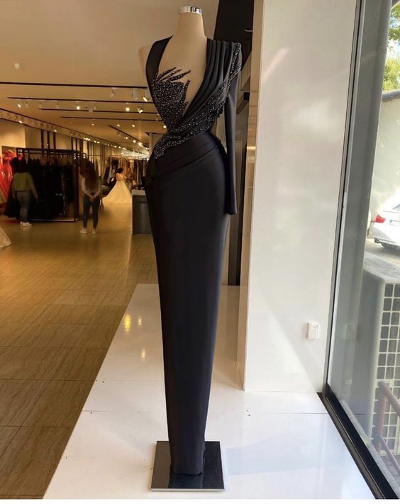 Black Sheath Beading Evening Dresses One Shoulder Long Sleeve Crystal Pleats Prom Dress Formal Party Gowns Custom Made