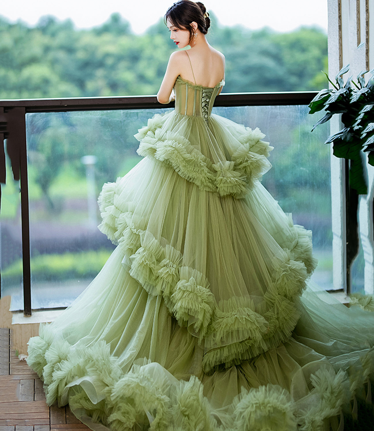 Green tulle long A line prom dress green evening dress