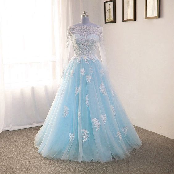 Off The Shoulder Tulle Floor Length Prom Dresses with Lace Appliques