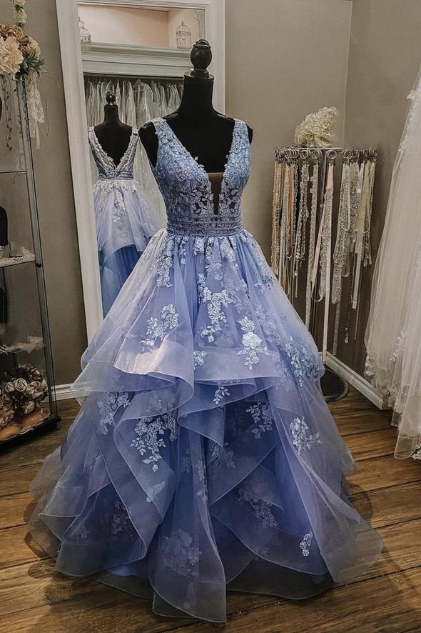 Blue tulle lace long ball gown dress formal dress