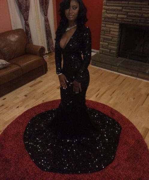 Sparkly Sequins Long Sleeve Deep V-Neck Black Prom Dresses