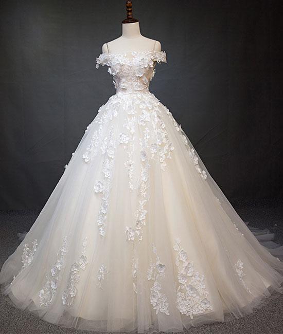White tulle lace applique long prom dress, white lace wedding dress