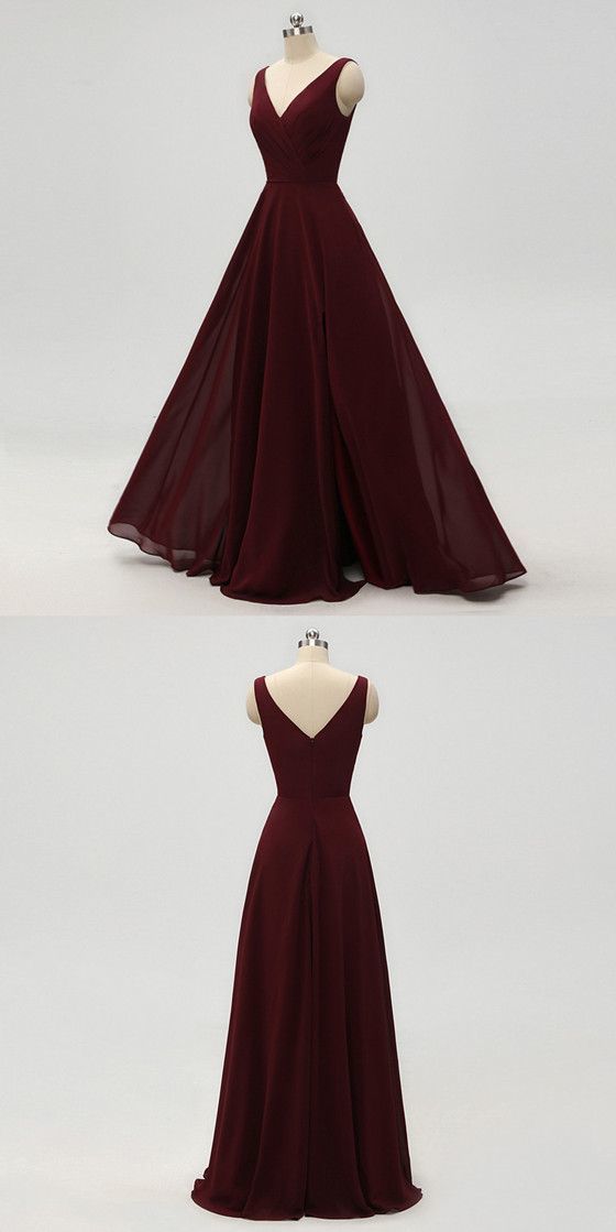 A-line V-neck Burgundy Chiffon Prom Dresses With Pleats