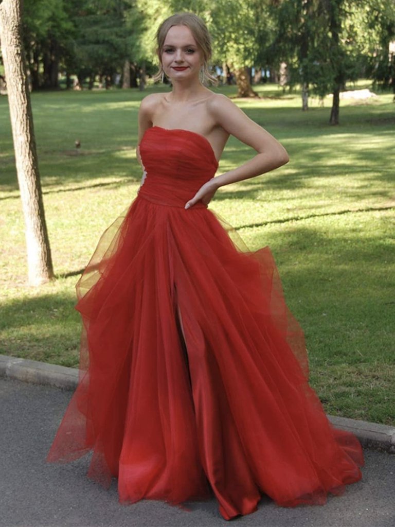 Strapless Red Tulle Long Prom Dresses Red Tulle Long Formal Evening Dresses