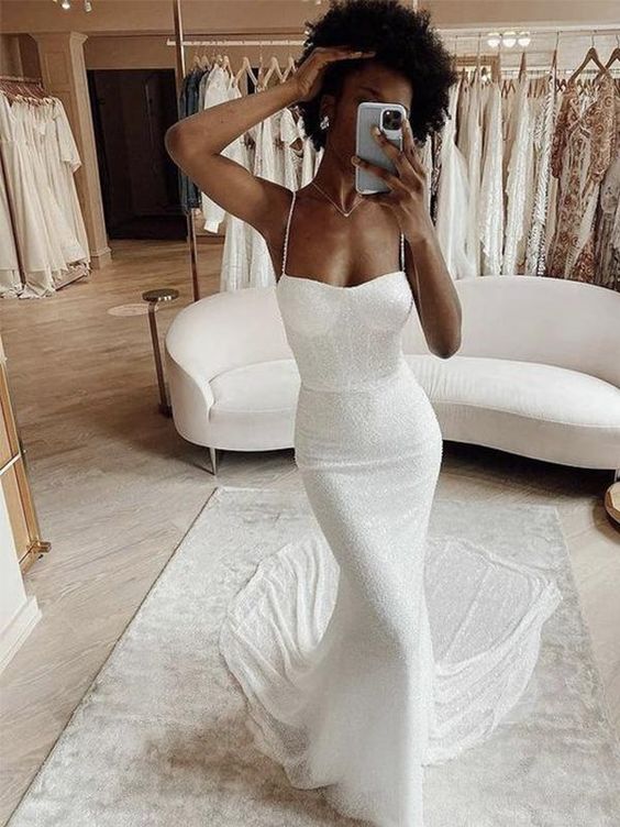 Mermaid Modest Spaghetti Straps Sparkly Long Beach Prom Dresses