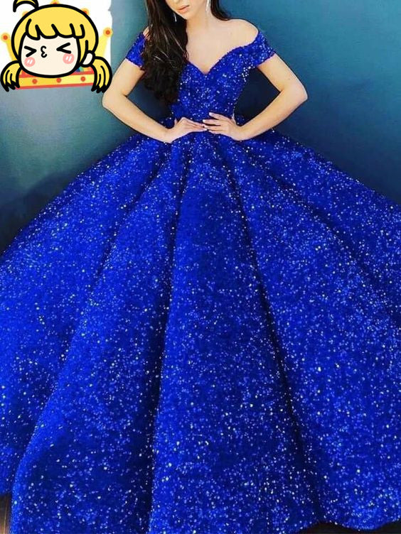 Royal Blue Ball Gown Off The Shoulder Prom Dress