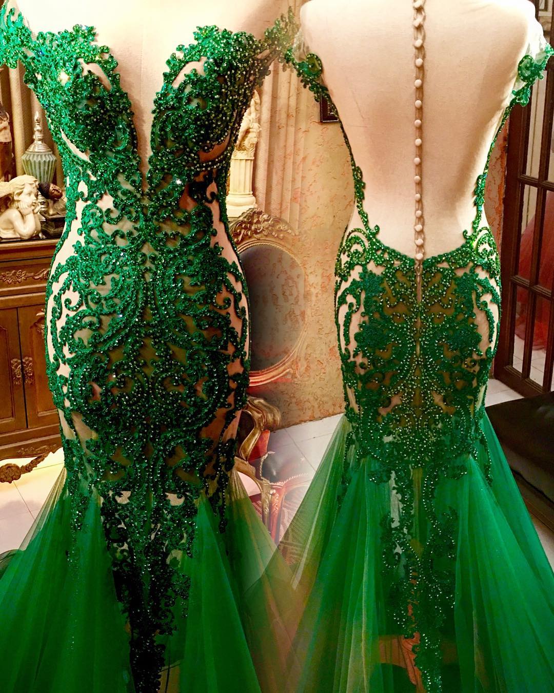 Illusion Back Green Mermaid Prom Dress with Beading