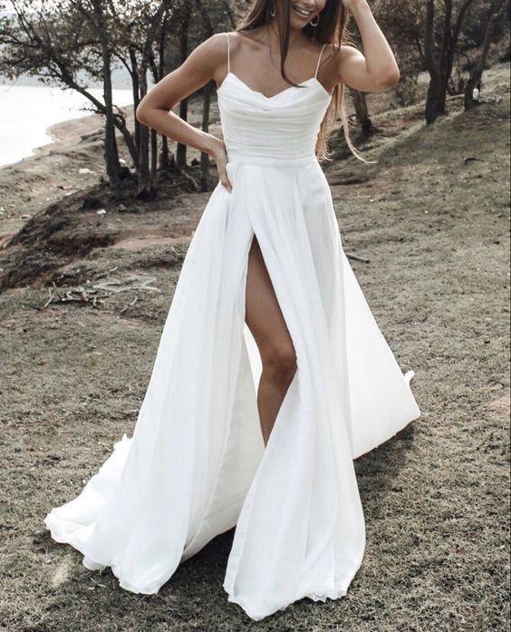 Simple beach chiffon prom dress leg split