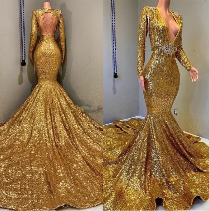 Sexy Mermaid Gold V Neck Backless Long Sleeves Sequence African American Prom Dresses