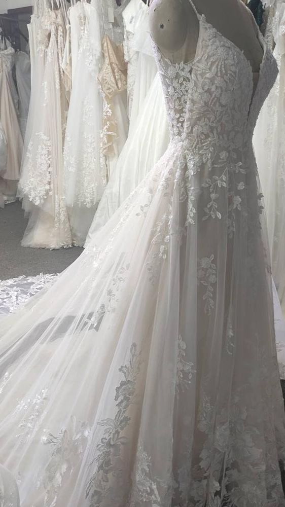Spaghetti Long Lace Prom Dresses, Romantic Wedding Dresses A-line Wedding Dresses