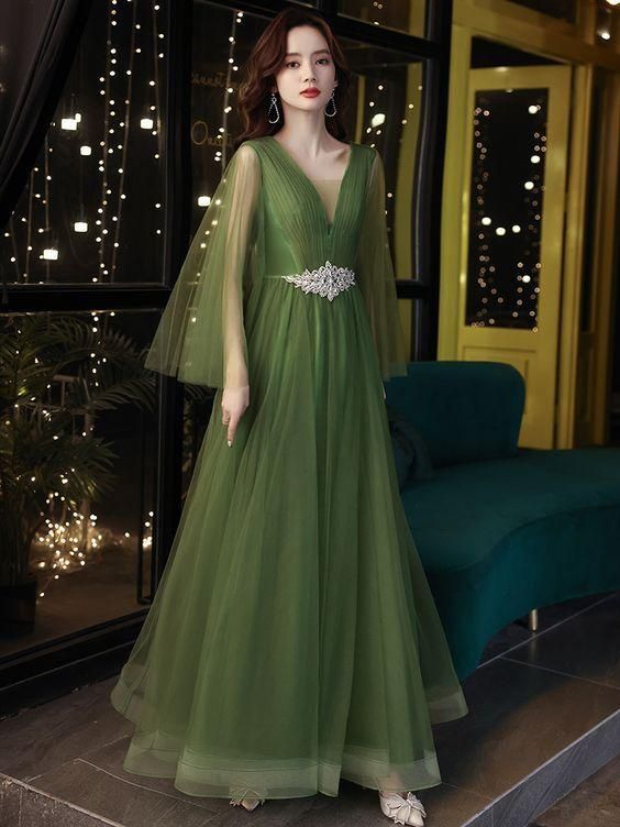 Green evening dress, new style, elegant puffy temperament prom dress