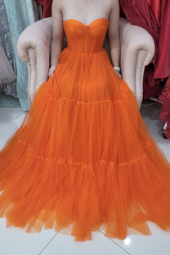 Orange tulle long A line prom dress evening dress