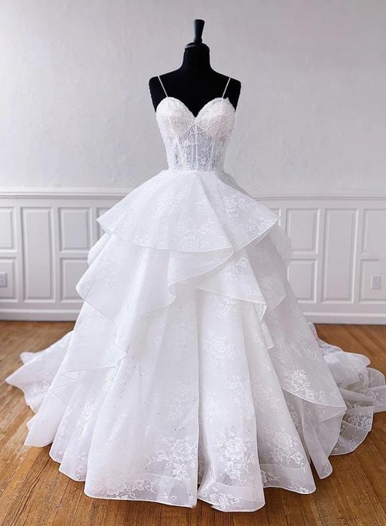 White tulle lace long prom gown formal dress